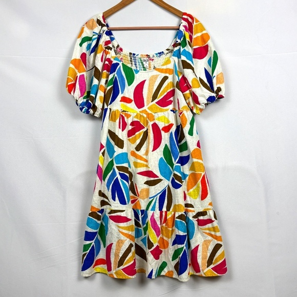 Tabitha Brown Linen Blend Botanical Puff Sleeve Mini Dress Sz M Milkmaid Smocked - Picture 2 of 8